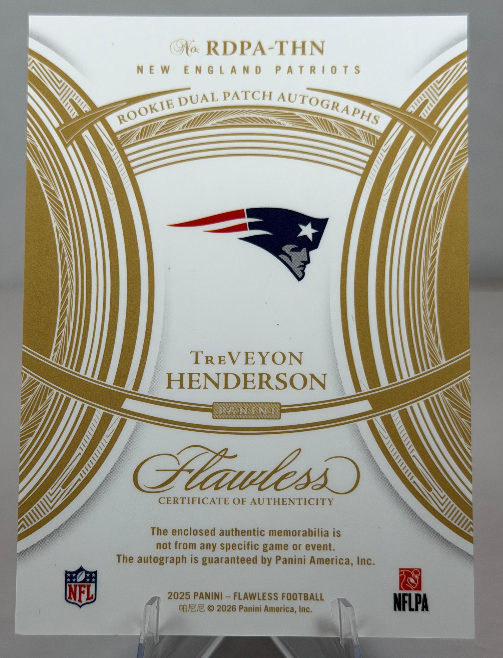2025 Panini Flawless Football TREVEYON HENDERSON #RDPA-THN Rookie Dual Patch Autographs Sapphire 03/10