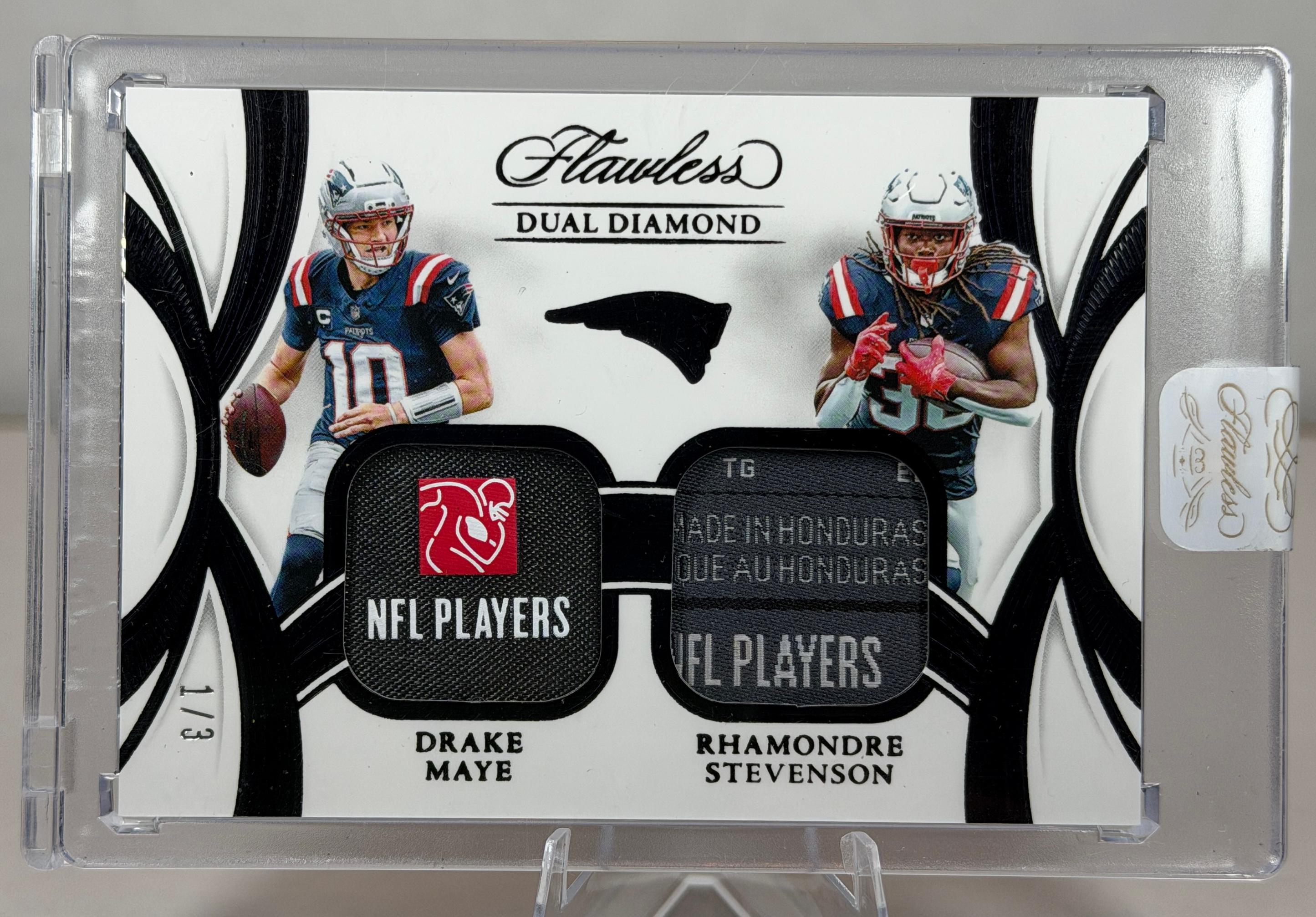 2025 Panini Flawless Football DRAKE MAYE RHAMONDRE STEVENSON #DDM-NE Dual Diamond Memorabilia Tags 1/3